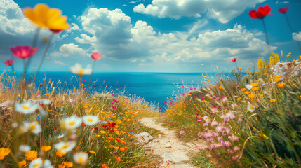 A beautiful path winds through a sea of vibrant wildflowers, leading towards the vast expanse of the ocean on a sunny European summer day