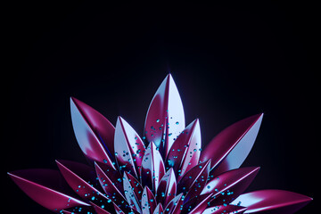 Poster - 3D rendered abstract metallic flower with blue hues and sparkling particles. Artistic design concept. 3D Rendering