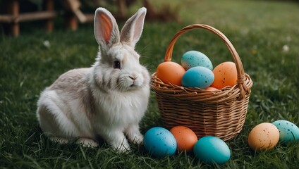 Wall Mural - Adorable furry Easter bunny near wicker basket and dyed eggs on green grass.