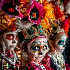 girls in carnival costumes and with flowers on their heads on the day of the dead, a Mexican holiday.