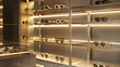 Luxurious display of spectacles with soft golden lighting on shelves.