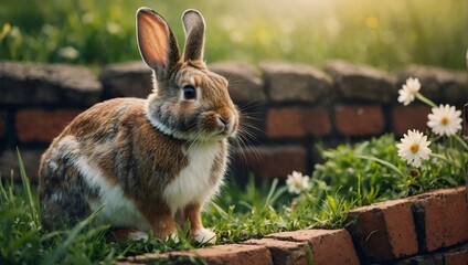 Wall Mural - Cute rabbit sitting on brick wall and green field spring.