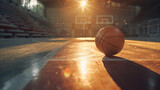 Fototapeta Sport - Basketball ball lying on floor on sport arena, stadium with sun light coming into gym