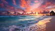 A stunning sunset over the turquoise waters of a beach in a town in Mexico, with colorful clouds and waves crashing against the white sand. 