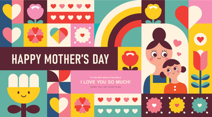Wall Mural - Set of Happy Mother's Day flat vector illustration in geometry style. Mom with child, flowers and abstract geometric shapes.