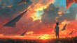 In the warm glow of the sunset, a young boy stands in a field, his eyes alight with wonder as he launches paper airplanes into the evening sky.

