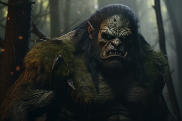 Wall Mural - Powerful Green orc character. Skin scary ogre. Generate Ai