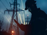 Fototapeta Sport - Silhouette of a male engineer using tablet against a backdrop of industrial power lines at dusk, exuding innovation and control.