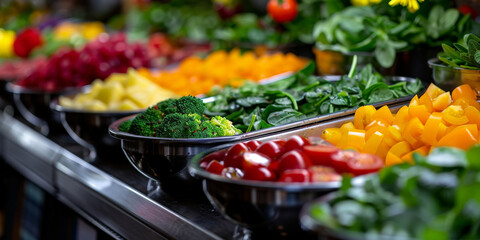 Wall Mural - A line of metal bowls filled with colorful vegetables and salad at the entrance to an event hall,catering wedding buffet for events