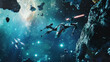 Spacecrafts engage in a dramatic battle amidst a starry asteroid field.