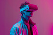 Young man wearing a virtual reality glasses, bright gradient studio background. AI generative