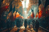 Fototapeta Panele - A special event with a parade of individuals carrying French flags through a street, with the Eiffel Tower in the backdrop