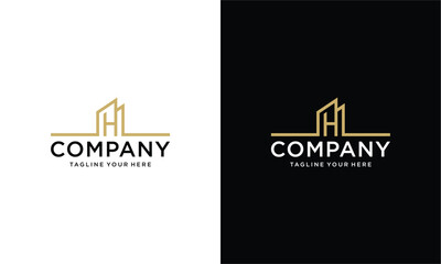 Wall Mural - Abstract house vector logo, building and letter H home logo, in gold color on a black and white background.