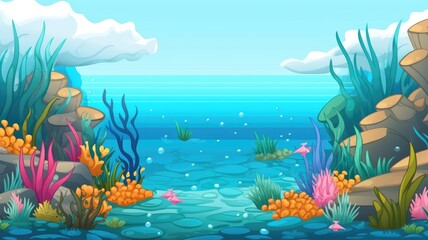 Wall Mural - Cartoon underwater cartoon with colorful corals, striped fish, and sunlit blue waters