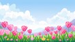 cartoon flowers under a sunny sky with fluffy clouds and distant mountains
