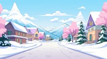 Cartoon Snowy Village With Colorful Houses And Tall Trees Under A Clear Sky.
