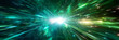 A bright green light rays from the center of an explosion moving high speed, abstract futuristic background portal tunnel with blue and teal colors on a black background,