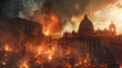 Apocalyptic scene with historical buildings aflame, symbolizing destruction and chaos.