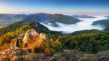 Fototapeta Mosty linowy / wiszący - Beautiful sunrise in mountains, Landscape panorama in Sulov - Slovakia