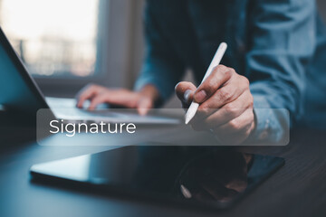 Poster - businessman signing electronic signature, smart contract paperless office,electronic signing busines