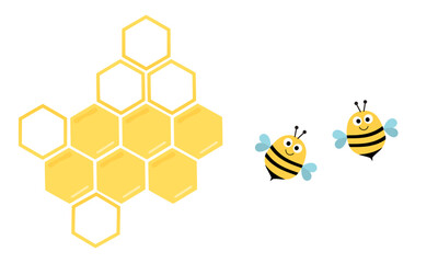 Sticker - Honey sign logo with hexagon grid cells and bee cartoon on white background vector.