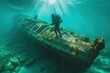A scuba diver with fins and air tank examines the algae-covered remains of a shipwreck in a serene, light-filled underwater scene