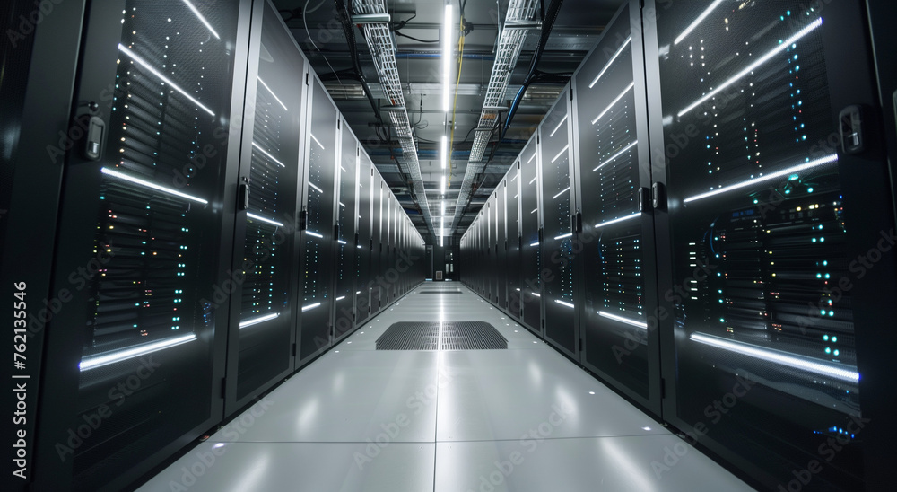 Photo of a high technology data center with rows of servers and ...