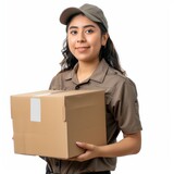 Fototapeta Do akwarium - a colombian woman logistic staff wearing shirt holding a big cardboard package, white background