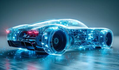 Poster - transparent high-tech automobile design showcasing internal mechanics and technology systems, repres