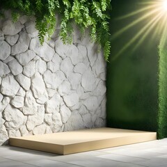 Wall Mural - Natural Marble freshness leaf decorative podium for product advertisement with  leaves and sunlight