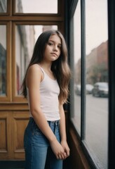 Wall Mural - A teenage girl stands in front of a building. She looks serious and focused