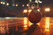 ballon de basketball sur un terrain de basket éclairé après le match