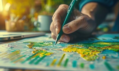 Leinwandbilder - Mapping Sustainable Practices, A Hand-Detailed Green Supply Chain on World Map