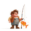 Cartoon character fisherman with rod catching golden or yellow fish