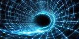 Fototapeta Przestrzenne - 3d blue glowing grid tunnel with black hole,  Cosmic wormhole. Abstract blue grid tunnel banner