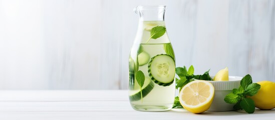 Poster - A bottle of water infused with cucumber, lemon, and mint sits on the table. The refreshing drink combines the ingredients for a hydrating and flavorful experience