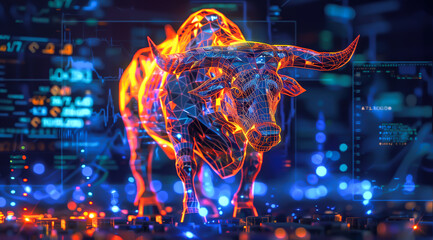 an angry bull is depicted engaging in trading activities with a computer. the concept revolves aroun