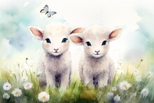 Two Watercolor Lambs In A Field