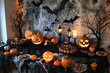 Halloween-themed party with spooky decorations and carved pumpkins.