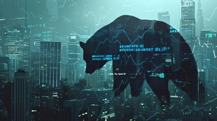 Poster - In a visual metaphor for a bear market, a cybernetic bear figure overlays a bustling financial district, intertwined with stock market charts. Cybernetic Bear Overlaying City Financial District

