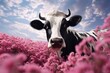 a cow in a field of pink flowers