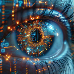 Poster - a close-up of a digital eye, its iris composed of intricate coding sequences and network diagrams, s
