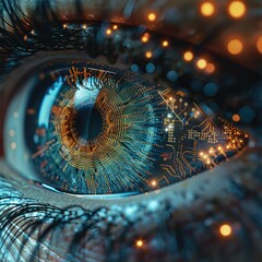 Poster - a close-up of a digital eye, its iris composed of intricate coding sequences and network diagrams, s