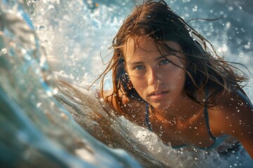 ฺBeautiful photography angle illustration as an idea for photographing young female surfers Beautiful turquoise water and sunshine can be used in travel advertisements to promote outdoor attractions.