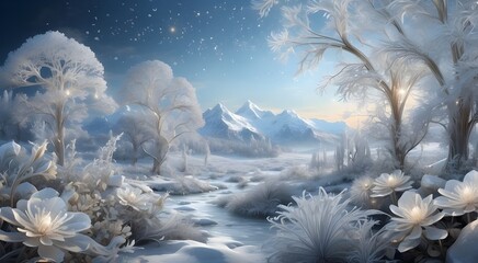 Poster - winter, landscape, bedecked, ethereal, ice, flowers, glittering, snowflakes, radiant, crystals, conjuring, vision, enchantment, delight, outdoors, color image, photography, no people, cold temperature