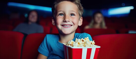 Canvas Print - A happy young boy with a smile on his face is sitting in a movie theater holding a bucket of popcorn. The electric blue lights add to the fun and entertainment of the event