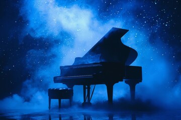 silhouette of a grand piano with smoke keys under a starry night melodic solitude.
