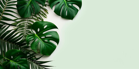 Wall Mural - Green tropical leaves of monstera and palm. Decorative tropical plants with space for text