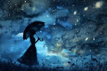 Silhouette Of A Lady With A Smoke Umbrella Under A Starry Night Rainy Scene.
