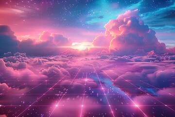 Wall Mural - retro wave grid, in the style of synthwave, space and clouds in the background. generative ai.